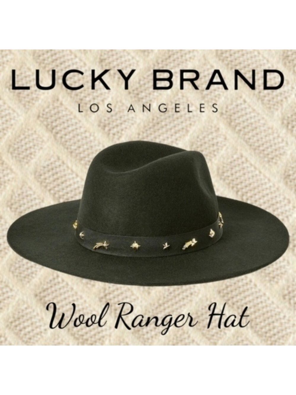 LUCKY BRAND (NWT) 100% WOOL Gold-Charm-Accented Band Black Wide Brim Ranger Hat